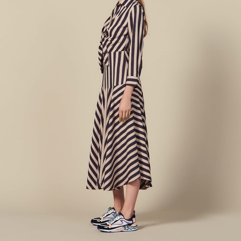 Sandro Paris Vilna Striped Tie-Front Midi Dress Beige/Blue Size 42 (US 10) NWT - Picture 6 of 12